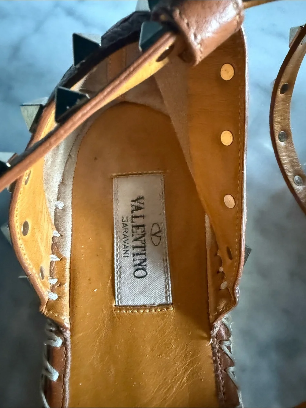 Valentino Garavani Tan Leather Studded Espadrille Flats with Ankle Straps